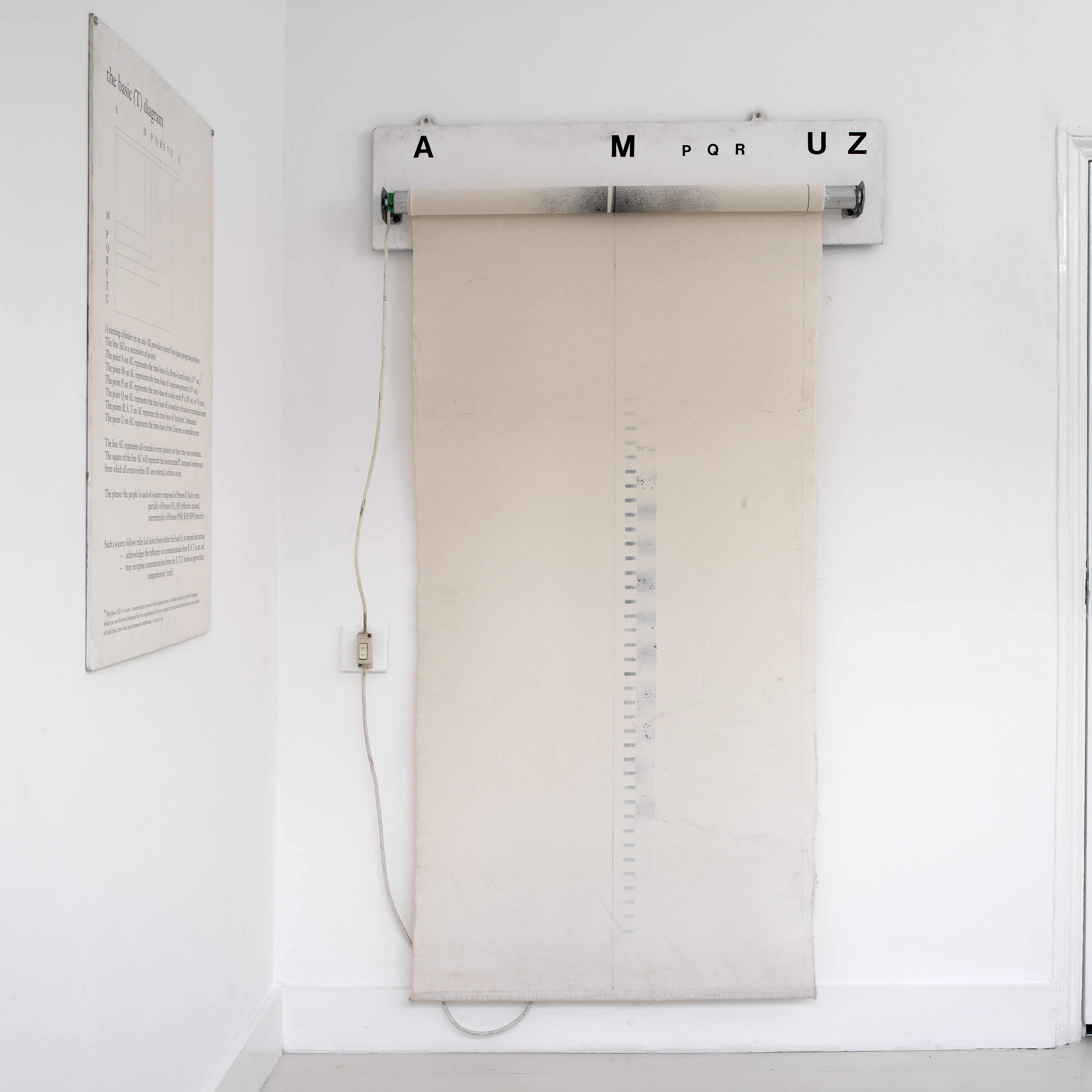 Time-Base Roller with Graphic Score (1987) Canvas, electric motor operating metal bar, wood, graphite. Photo: Ken Adlard  (FLAT TIME: 3)